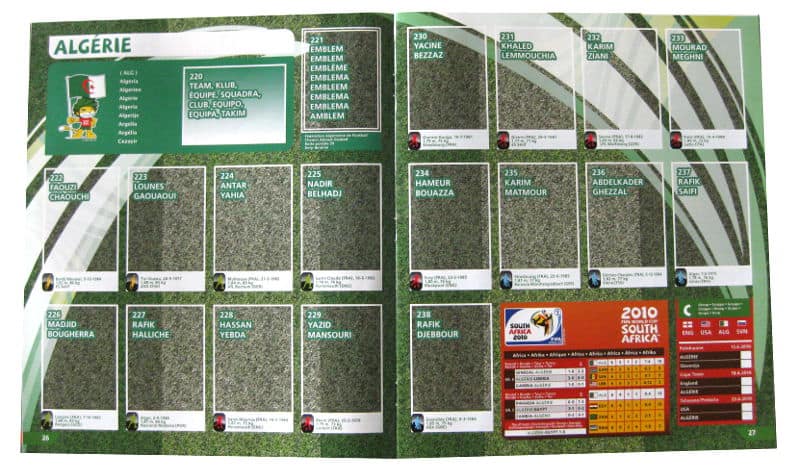 Panini Checkliste WM 2010 Algerien ohne Sticker