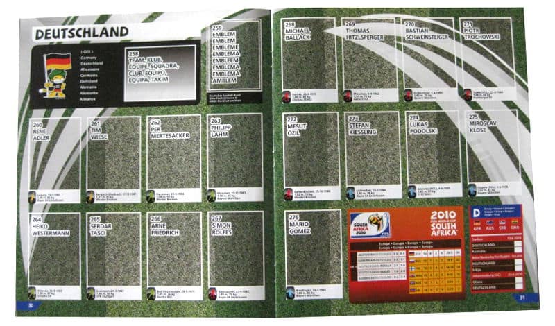 Panini Checkliste WM 2010 Deutschland ohne Sticker