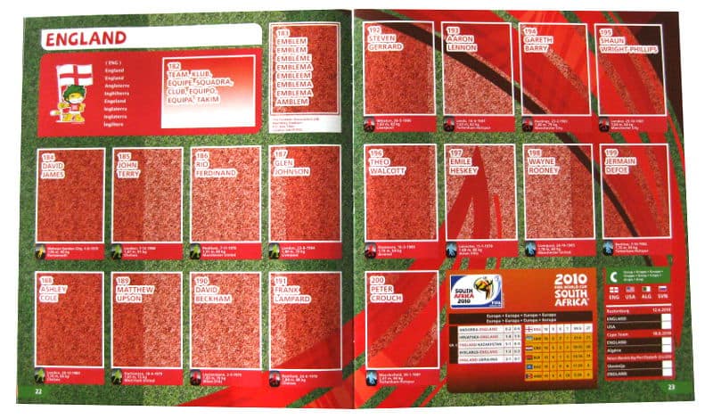 Panini Checkliste WM 2010 England ohne Sticker