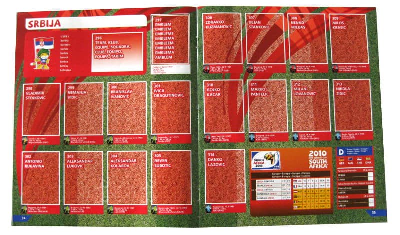 Panini Checkliste WM 2010 Serbien ohne Sticker