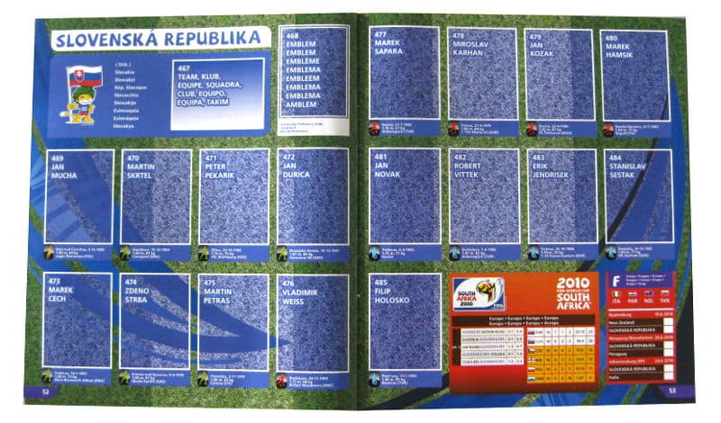 Panini Checkliste WM 2010 Slowakei ohne Sticker